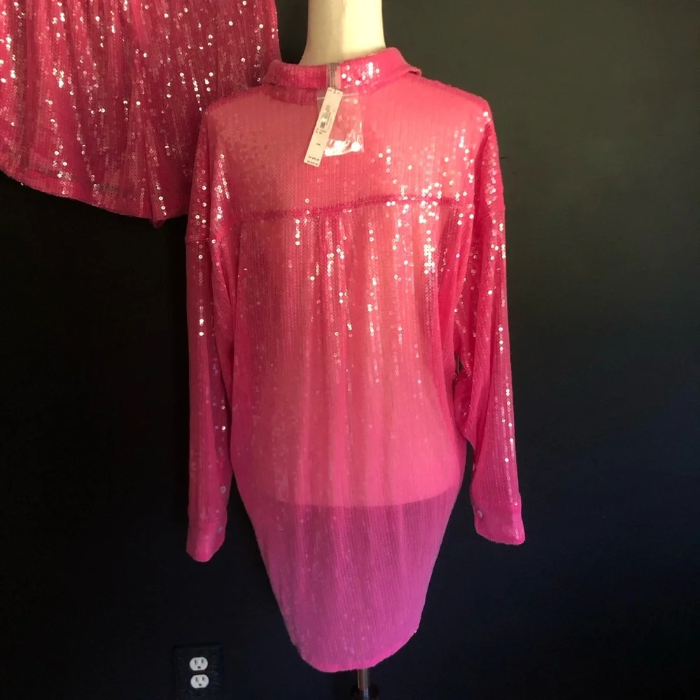 Victoria’s Secret Swim Sequin Forever Pink Boyfriend Shirt Dress and Shorts Set